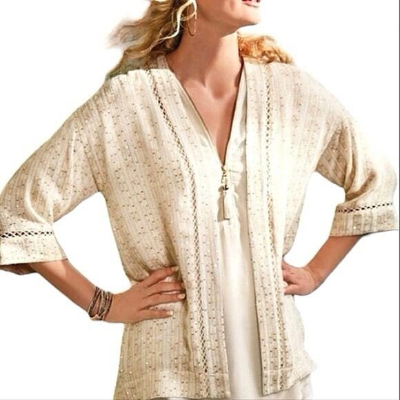 Soft Surroundings Womens XSP Cream Sequin Topper 3/4 Sleeve Spring Cardigan - Picture 1 of 6